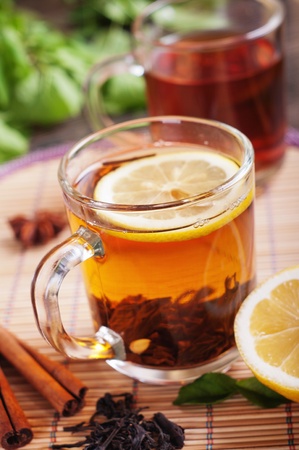 Cup of fresh tea on the table. Selective focus の写真素材