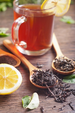 Cup of fresh tea on the table. Selective focus の写真素材
