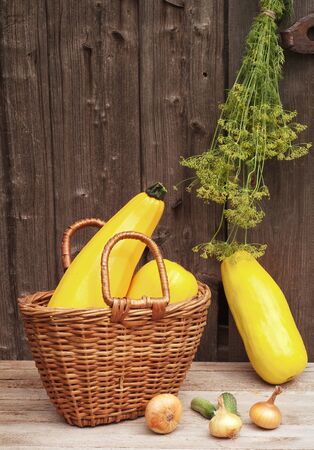  basket and zucchini against the old  wall の写真素材