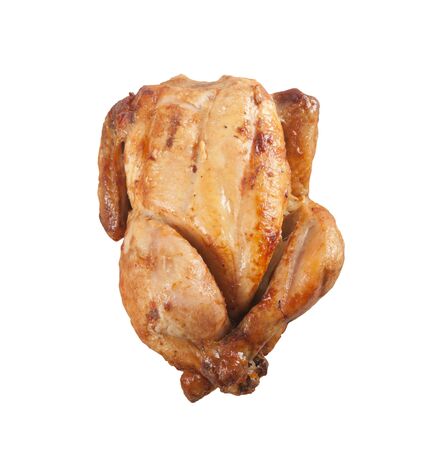 Whole roasted chicken isolated on white background の写真素材