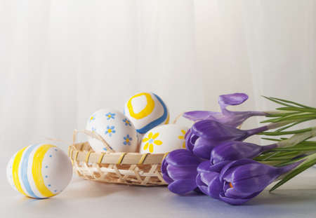easter eggs with spring floweの写真素材