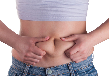 fat woman measuring her stomachの写真素材