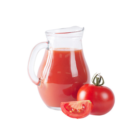 Fresh tomatoes and juice isolated on whiteの写真素材