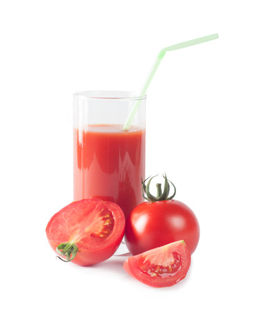 Fresh tomatoes and juice isolated on whiteの写真素材