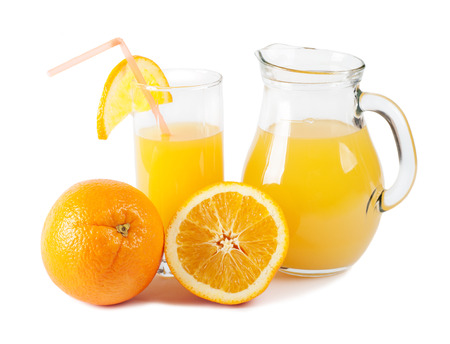 Orange and orange juice isolated on whiteの写真素材
