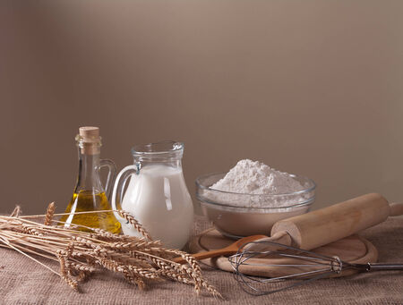 still life with flour, milk and wheatの写真素材