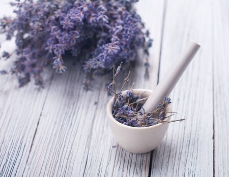 lavender on wooden background closeupの写真素材