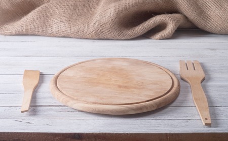 Empty tray on wooden tableの写真素材
