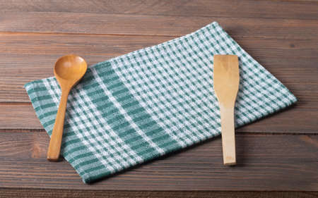 tablecloth on wooden tableの写真素材