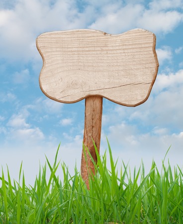 Wood sign with field grass and blue skyの写真素材