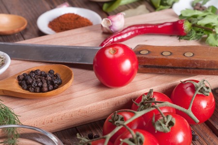 cutting board spices and vegetables.の写真素材