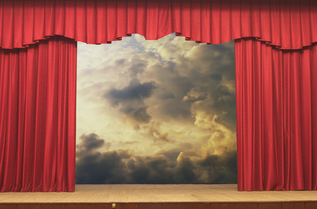 Open curtains on the background of the sky backgroundの写真素材