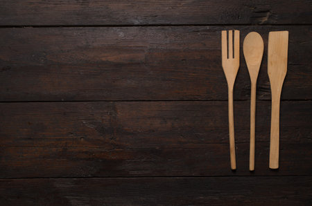 Wood spoons on wooden tableの写真素材