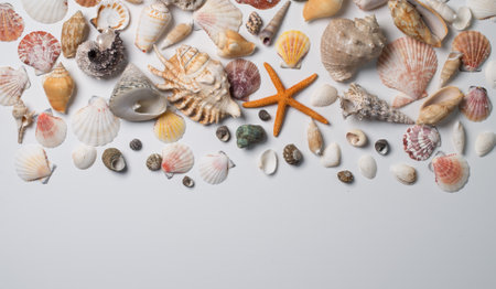 Collection of different seashells  on white background.
