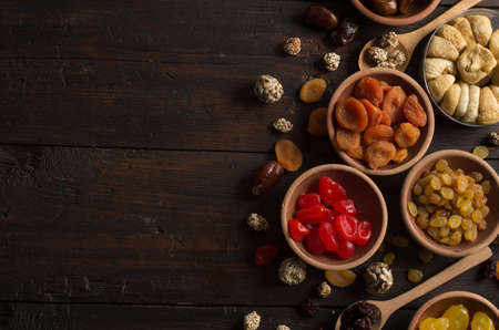 Dried fruits on wooden backgroundの写真素材