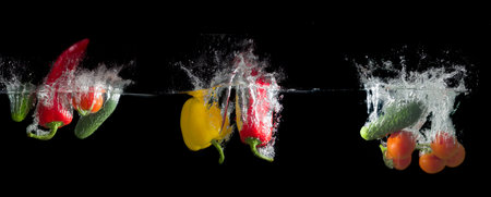 Tomatoes, cucumber and pepper in the water with air bubbles on a black backgroundの写真素材