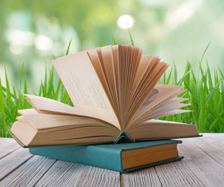 open book on the background of grassの写真素材