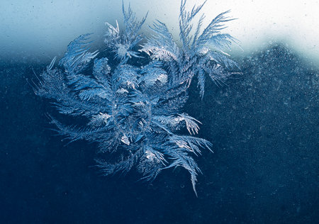 Frost patterns on window glass in winterの写真素材