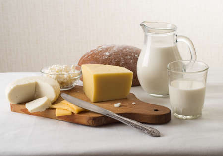 Dairy products on kitchen tableの写真素材
