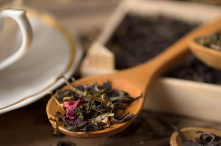 various types of tea on a wooden backgroundの写真素材