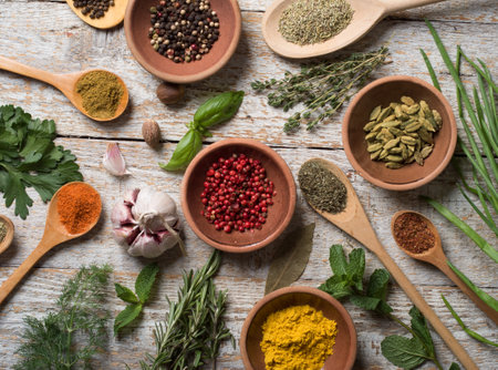 Fresh spices thyme, turmeric, cardamom, basil, mint, parsley, dill and rosemary on wooden background.の写真素材