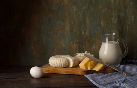 Dairy products on kitchen tableの写真素材
