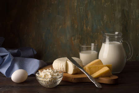Dairy products on kitchen tableの写真素材