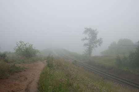 railway goes to horizon in fogの写真素材
