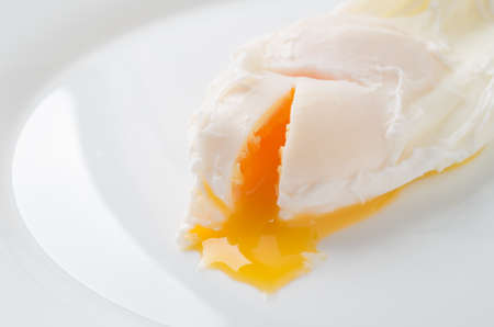 Poached eggs on white plateの写真素材