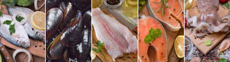 a collage of pictures of different seafoodの写真素材