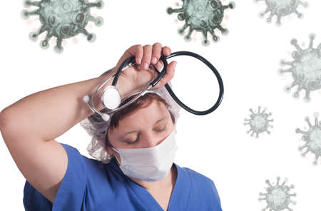 tired doctor isolated on whiteの写真素材