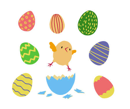 chick and eggs set. Cute hand draw of chicks with an egg. children s print. Vector illustration on white background.のイラスト素材