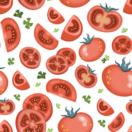 Seamless background of juicy tomatoes and greens on a white background . A variety of ripe fruits, rings and pieces. Vector pattern in cartoon style for fabric or packagingのイラスト素材