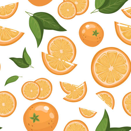 Seamless background of ripe oranges on a white background. Whole fruits, halves, slices and rings. Vector pattern in a cartoon simple flat style.のイラスト素材