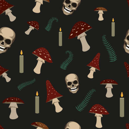 bright mystical pattern with fly agaric and fern isolated on a dark background. Vector illustration of the design for packaging, textiles and other products.のイラスト素材