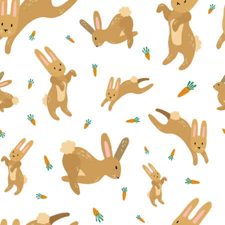 easter seamless pattern of spring bunnies with carrots. Vector illustration is great for banners, wallpaper, packaging, textilesのイラスト素材
