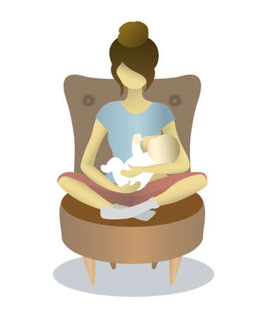 breastfeeding. The girl is sitting on a chair and feeding the baby with breast milk. Vector illustration isolated on white background for brochure, poster, website.のイラスト素材