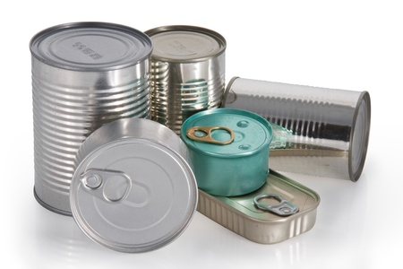 Six different shape and colors cans isolated in whiteの写真素材