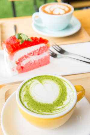 milk hot green tea and coffee shop and cake strawberry cakeの写真素材