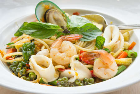 The drunken noodles, spaghetti seafood.の写真素材