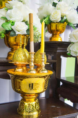 Incense altar worshiping, n saluting ritual worship or prayers in the tradition Thailand.の写真素材