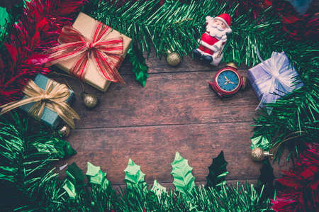 christmas background  decoration on dark wooden boardの写真素材