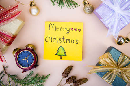 christmas background  and paper note merry christmas decor on backgroundの写真素材