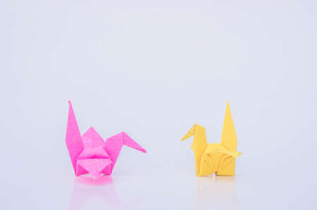 paper bird yellow and pink color paper on white backgroundの写真素材