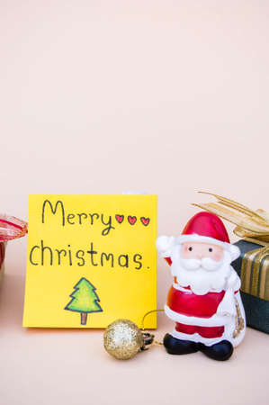 santa claus doll christmas background and gift box and copy spaceの写真素材