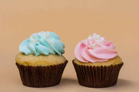 sweet cup cake dessert on yellow background and copy spaceの写真素材