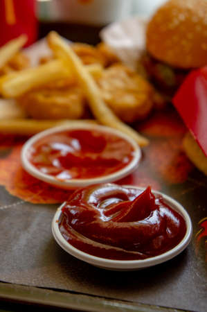 Tomato sauce and French fries Fast food in the restaurant