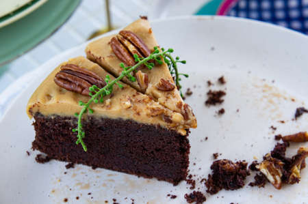 Chocolate and cheese cream cake on dish white ready to eat