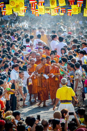 18 april 2019, Nong Khai Thailand , Songkran traditions of Thailand,  People come to make merit and...