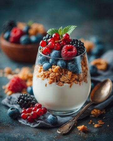 Healthy breakfast with yogurt, berries and granola in a glass on a dark backgroundの素材